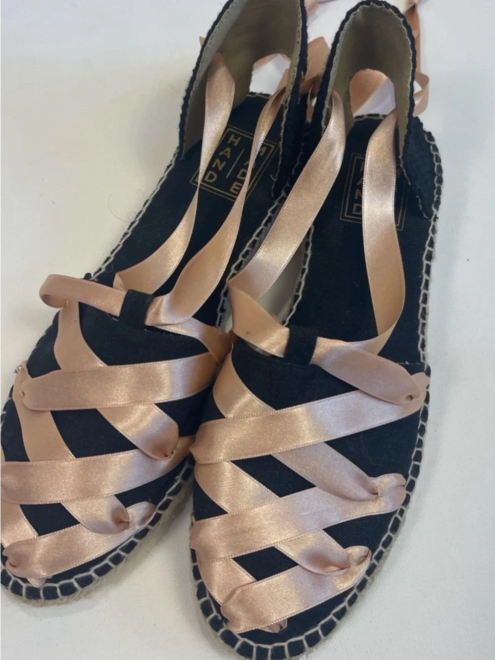 handmade Black Espadrilles 8.5/39 Sandals Lace Up Pink Satin Ribbons Balletcore